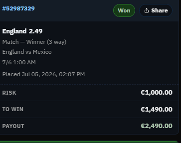 Won England vs Mexico slip: England at 2.49, risk €1,000, to win €1,490, payout €2,490.